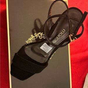 Black Suede Square-Toe Ankle-Strap Heels